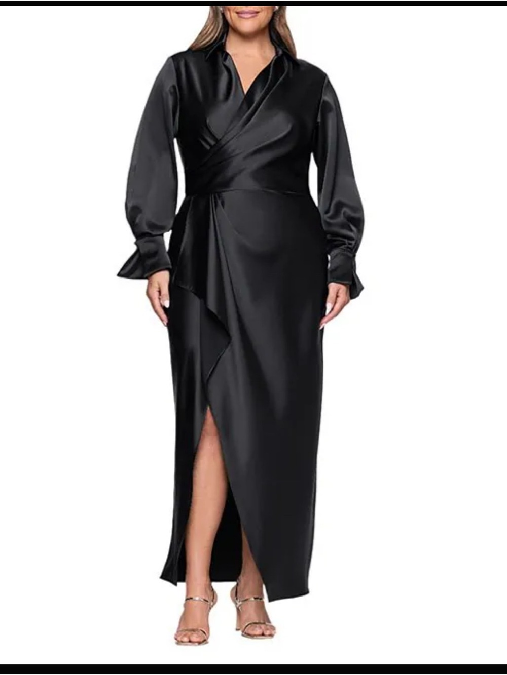 Xscape Black Satin Wrap Maxi Dress with Long Cuffed Sleeves